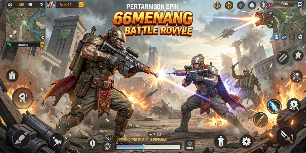 Tampilan gameplay aksi seru dalam 66MENANG Battle Royale.