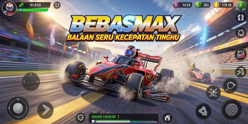 Screenshot gameplay BEBASMAX yang menunjukkan aksi balapan mendebarkan.