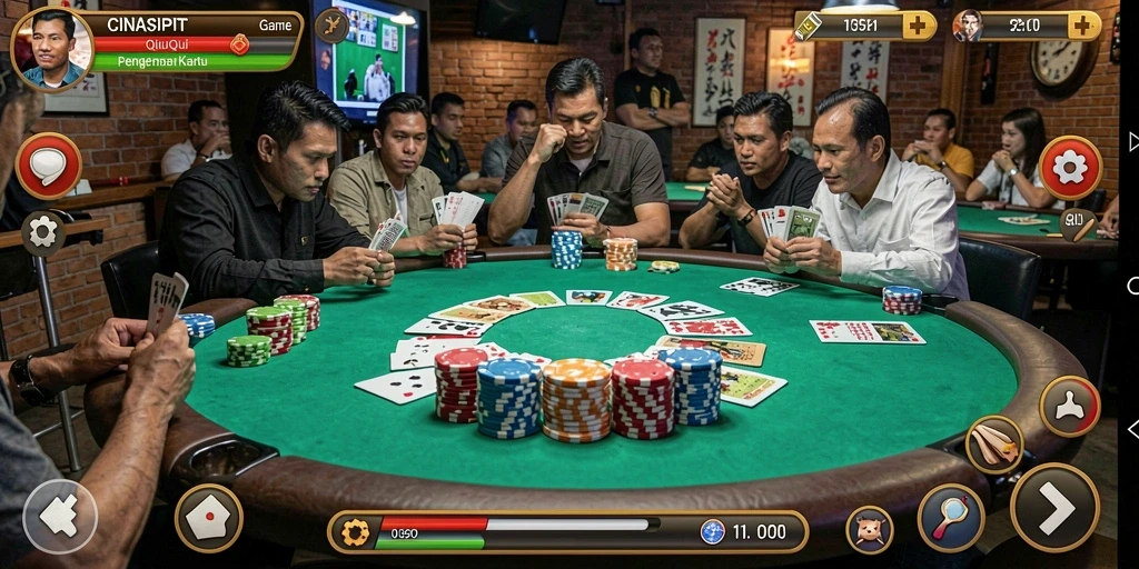 Screenshot gameplay QiuQiu dari CINASIPIT yang menampilkan keseruan bermain kartu.