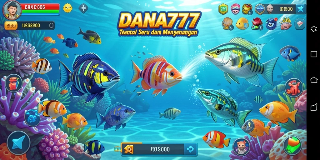 Tangkapan layar gameplay DANA777 yang menggambarkan aksi menembak ikan dengan senjata.