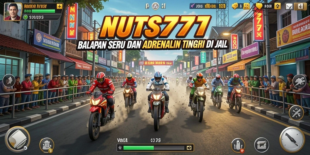 Tampilan gameplay seru dari NUTS777 saat balapan di trek malam.